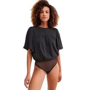 Free People Perfect Catch Bodysuit, Cottagecore Boho Black, Swiss Dot, Large
